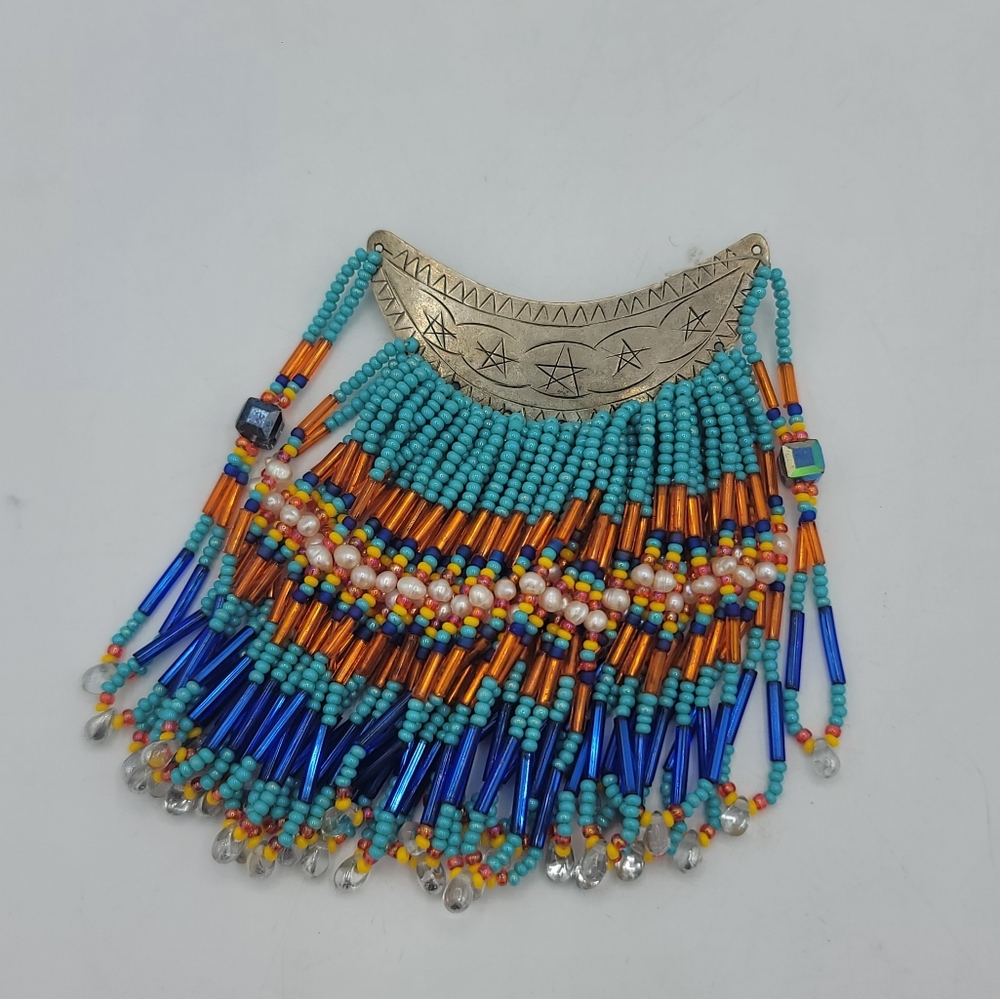 Artisan Beaded Crescent Fringe Brooch Glass Bead Statement Orange Blue Turquoise - Picture 12 of 13